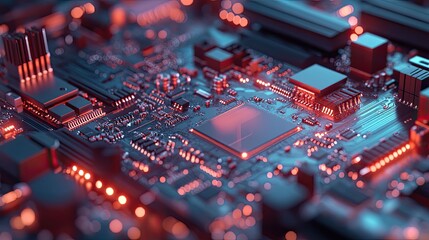 Obraz premium A close-up of a circuit board illuminated with red lights, showcasing electronic components.