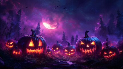Fototapeta premium Halloween Pumpkin Patch: A spooky, mystical forest scene illuminated by glowing jack-o-lanterns and a crescent moon. A perfect backdrop for a Halloween celebration, or to evoke a sense of eerie myster