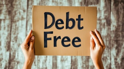 Hands are seen holding up a cardboard sign stating 'Debt Free', representing financial independence and serenity, set against a scarcely detailed, rustic backdrop.