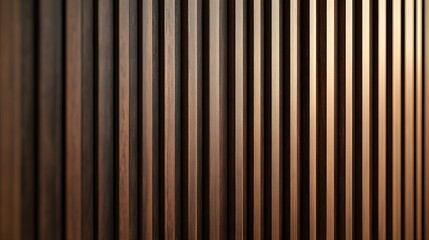 Obraz premium Walnut wood slat wall, vertical timber battens, rich brown tones, architectural detail, geometric pattern, parallel lines, textured surface, warm wood grain, modern interior design.
