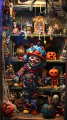 Fototapeta premium Creepy Clown Doll Display with Pumpkins and Skeletons