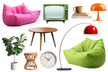 PNG retro furniture home decoration set, transparent background