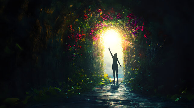 A person reaching up towards a distant, glowing light in a dark tunnel, with vibrant vines and flowers starting to grow along the walls, symbolizing hope emerging from despair