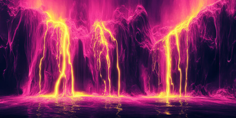 Naklejka premium A neon lighting background featuring a cascading waterfall of neon pink and yellow light, with the glowing streams forming a mesmerizing, fluid pattern.
