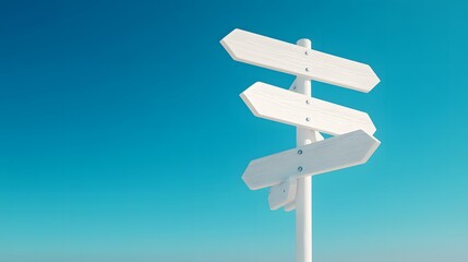 White wooden directional sign post, multiple blank arrows, clear blue sky background, minimalist design, clean and simple, 3D rendering, high contrast, soft shadows.