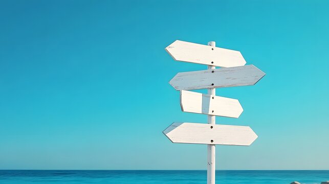 White wooden directional sign post, multiple blank arrows, clear blue sky background, minimalist design, clean and simple, 3D rendering, high contrast, soft shadows.