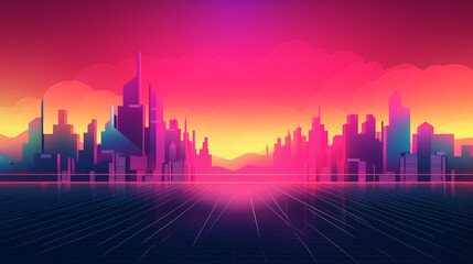 Obraz premium Retro Futuristic Cityscape With Neon Skyline And Reflective Grid Surface