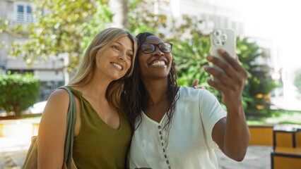 Women smiling together taking selfie with smartphone in urban outside park