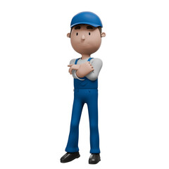 A 3D cartoon mechanic character in blue overalls confidently standing with arms crossed, wearing a blue cap and smiling.