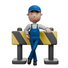 A 3D cartoon mechanic in blue overalls, casually leaning on a yellow and black construction barrier, exuding a relaxed and professional demeanor..