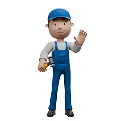 A 3D cartoon mechanic waving with one hand and holding a hammer in the other, dressed in blue overalls and smiling..
