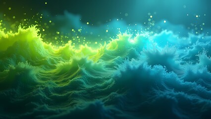 Fototapeta premium Vibrant Blue and Green Light Ribbons with Sparkles on Dark Gradient Canvas