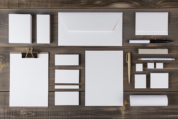 Minimalistic stationery layout featuring white items on a rustic wooden background, perfect for branding identity or corporate mockup concepts.