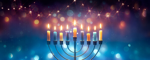 Hanukkah Menorah - Candles With Glittering And David Stars In Shine Lights - Abstract Defocused Background