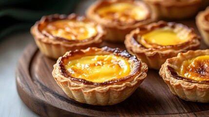 Closeup of Golden Egg Tarts on Rustic Wooden Tray Tempting Homemade Pastry Delight