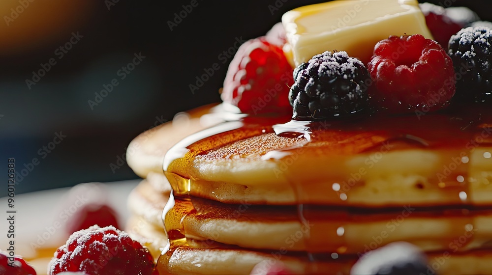 Canvas Prints A close-up of fluffy pancakes topped with butter, raspberries, and syrup.