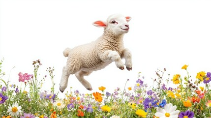 Fototapeta premium A fluffy white lamb leaps over a field of colorful wildflowers.