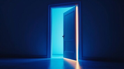 Open door symbolizes new career opportunities, business ventures, and initiative. Blue light inside the open door represents a modern and minimal business concept. 