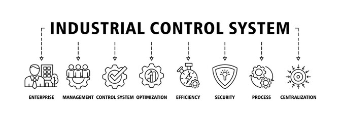 Industrial control system banner web icon set vector illustration concept with icon of enterprise, management, control system, optimization, efficiency, security, process, centralization icons symbol 