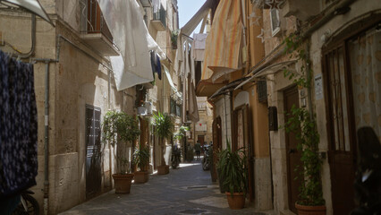 Narrow alley in bari, italy, with vibrant potted plants, drying clothes hanging from balconies, and a man strolling through the sunlit street.