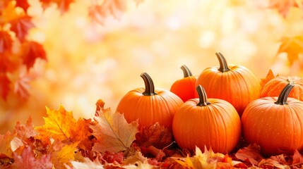 A festive autumn scene showcasing an assortment of pumpkins on a bed of vibrant fall leaves. The pumpkins are different sizes and colors, creating a cheerful atmosphere. The background features a