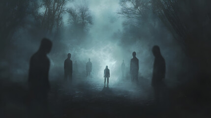 A person standing alone in the center of a dark, foggy forest, surrounded by shadowy figures that represent anxiety and fear, with the ground beneath them slowly crumbling into an abyss