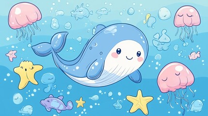 Cute cartoon whale swims among jellyfish and starfish.