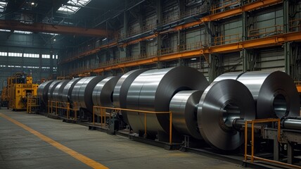 Fototapeta premium Automated steel rolling in a modern plant, showcasing robotic manufacturing technology