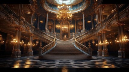 Obraz premium A Baroque palace with grand staircases, ornate ceilings, and opulent decorations, capturing the drama and extravagance of Baroque architecture