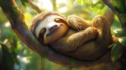 Obraz premium A cartoon-style illustration of a sloth hanging lazily from a tree branch, with a sleepy expression on its face