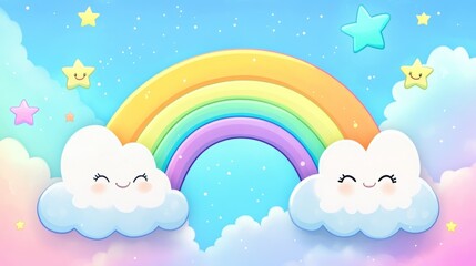 Smiling clouds and a rainbow in a cheerful sky.