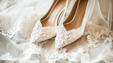 Delicate bridal shoes adorned with lace details on a matching lace fabric. This image captures the essence of wedding elegance and sophistication, ideal for bridal themes.
