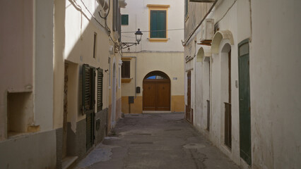 Obraz premium Quiet narrow alleyway in gallipoli, puglia in salento, italy, showcasing rustic buildings and traditional architecture on a serene day.