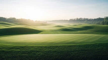 Fototapeta premium A wide, empty golf course with perfectly trimmed greens and scenic views, basking in the morning light.