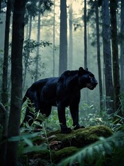 A double exposure image of a mysterious black panther silhouetted in a forest, with ample space for text or design.