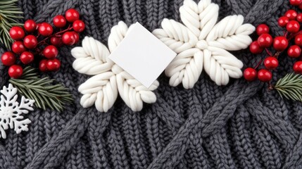 Two empty business cards rest on a textured knitted sweater, complemented by pine branches and red berries, evoking a warm and inviting winter setting