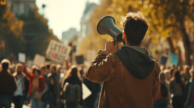 An activist addressing a crowd with a megaphone during a rally. The image captures the passion and determination of the speaker, set against the backdrop of a bustling protest.