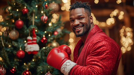 An African-American boxer in a red robe and red boxing gloves poses near a Christmas tree.