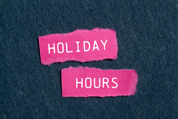 Holiday hours message written on ripped pink torn paper pieces with gray felt background. Conceptual holiday hours symbol. Copy space.