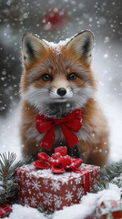Obraz premium Cute Fox with a red ribbon around its neck
