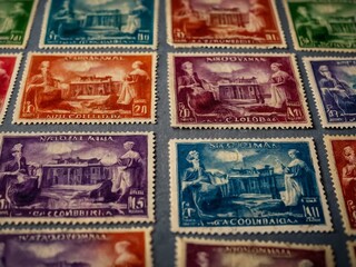 A set of colorful stamps proudly made in Colombia, showcasing national heritage.