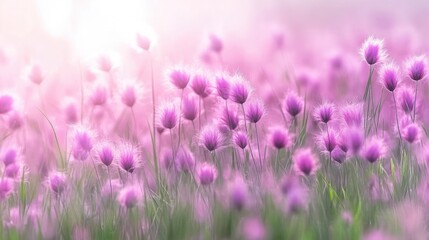 Naklejka premium On a foggy morning, a stunning expanse of pink cotton grass creates a serene atmosphere, transforming the landscape into a fluffy, dreamy wonderland