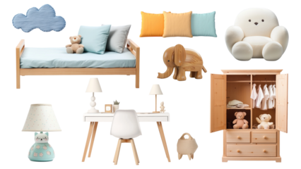 PNG cute kid bedroom furniture element set, transparent background