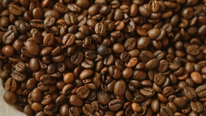 Closeup view of roasted coffee beans forming a rich and aromatic texture, ideal for a fresh brew or coffee-related themes in culinary and beverage contexts