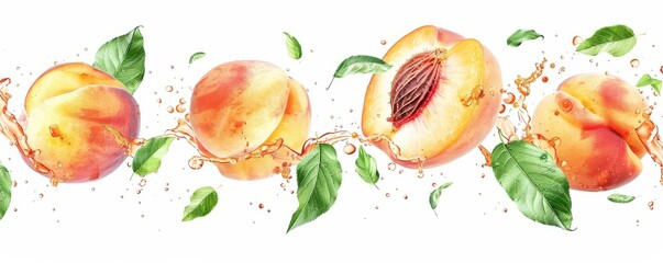 Fresh peaches with green leaves arranged artistically, highlighting their vibrant colors and juicy texture. Free copy space for banner.