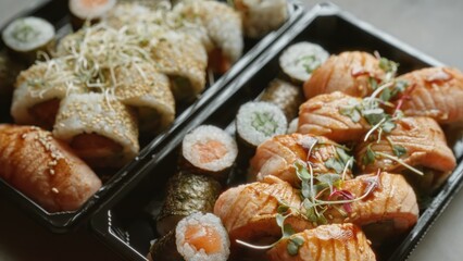 Delicious sushi assortment served on a concrete table showcasing fresh salmon rolls, nori-wrapped maki, and sesame-topped california rolls