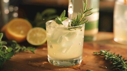 A glass of refreshing citrus drink garnished with rosemary.