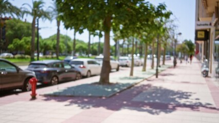 Blurred sidewalk with parked cars and trees creating a defocused city street scene in the daytime with pedestrians in the background