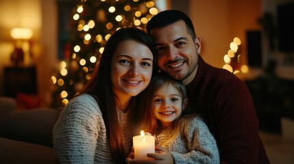 Happy family embracing each other by the Christmas tree with warm lights and holding a candle, celebrating joyful moments in a cozy living room during the holiday season