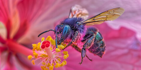 Blue Fly on Purple Flower with pank background 